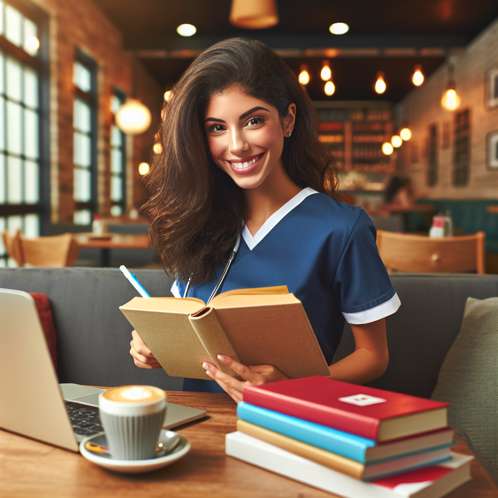 A cheerful nurse practitioner student studying with books and a laptop in a cozy cafe
