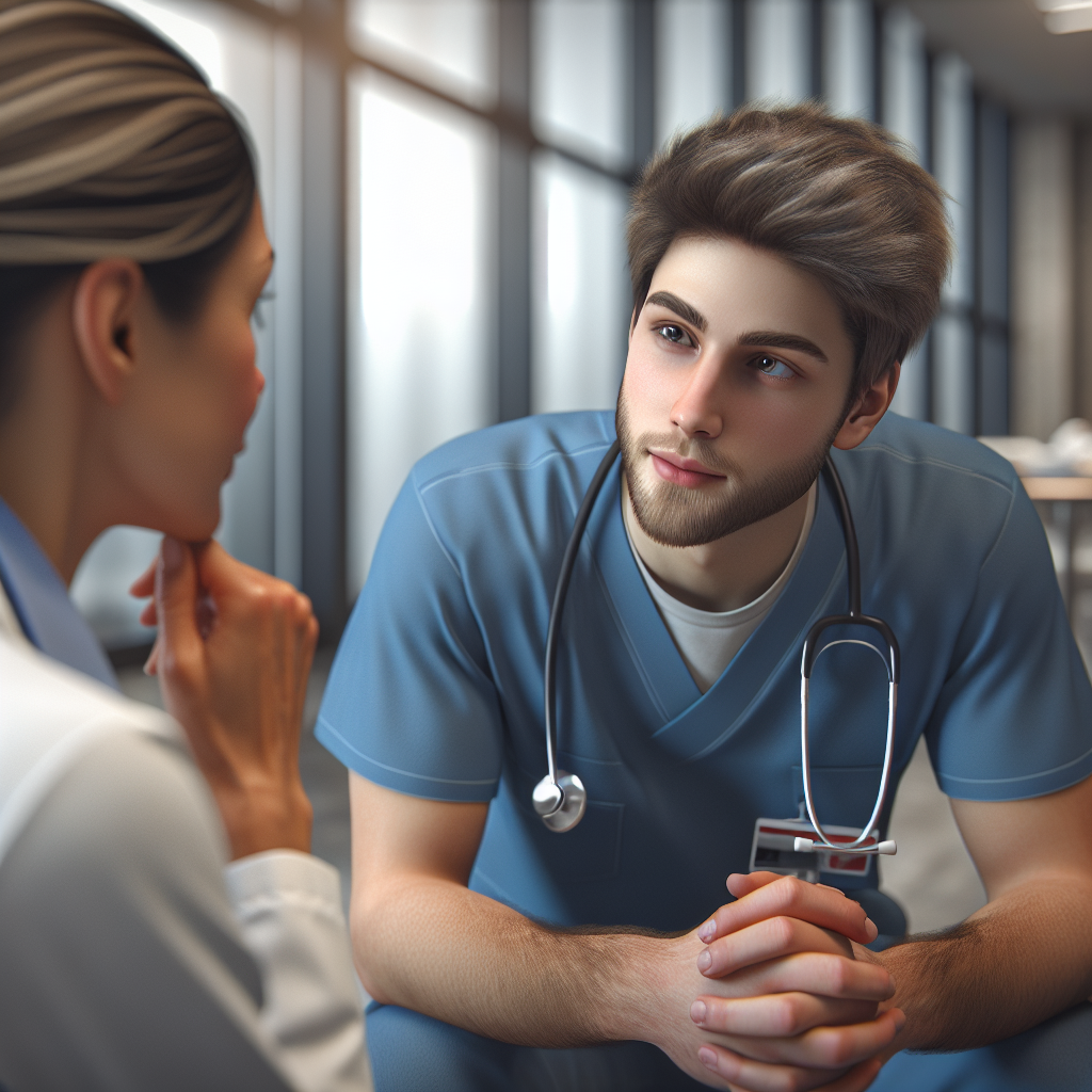 A nurse practitioner student discussing clinical rotations with a mentor in a hospital setting