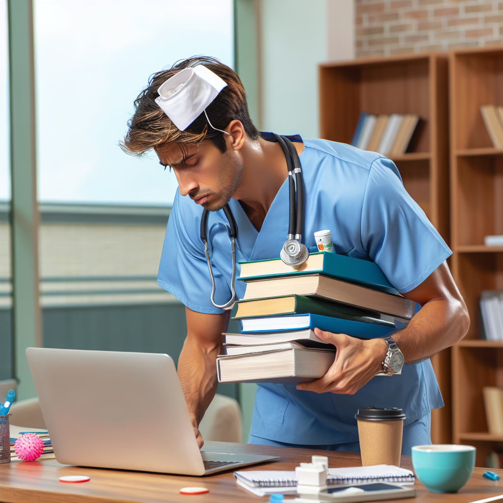 A busy nurse practitioner student juggling textbooks, a laptop, and coffee cups in a bright study space