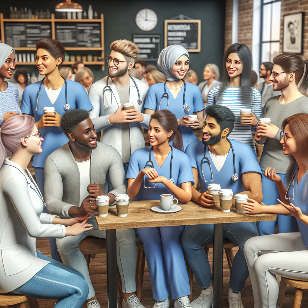 A diverse group of nurse practitioner students engaged in a lively discussion at a coffee shop, showcasing camaraderie and support