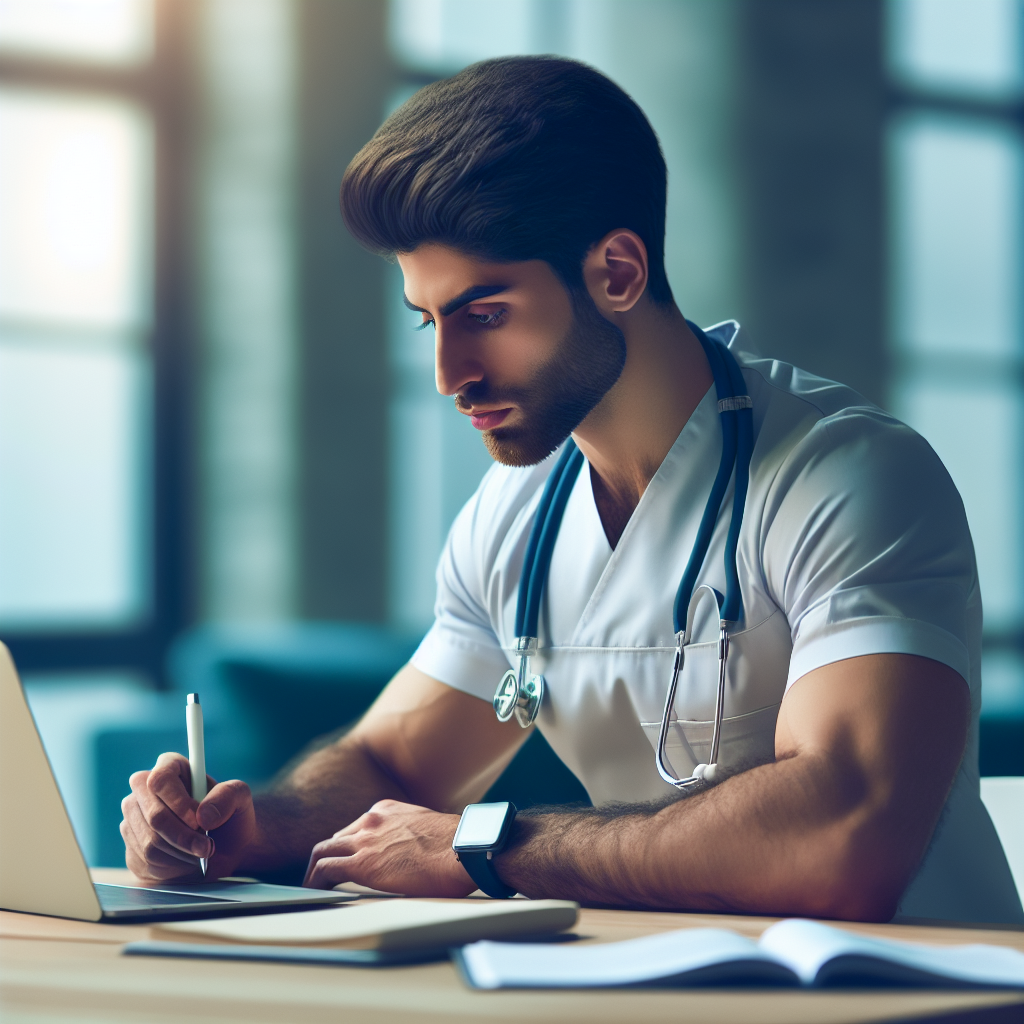 A nurse practitioner student sitting at a desk with a laptop open, drafting an email with a thoughtful expression