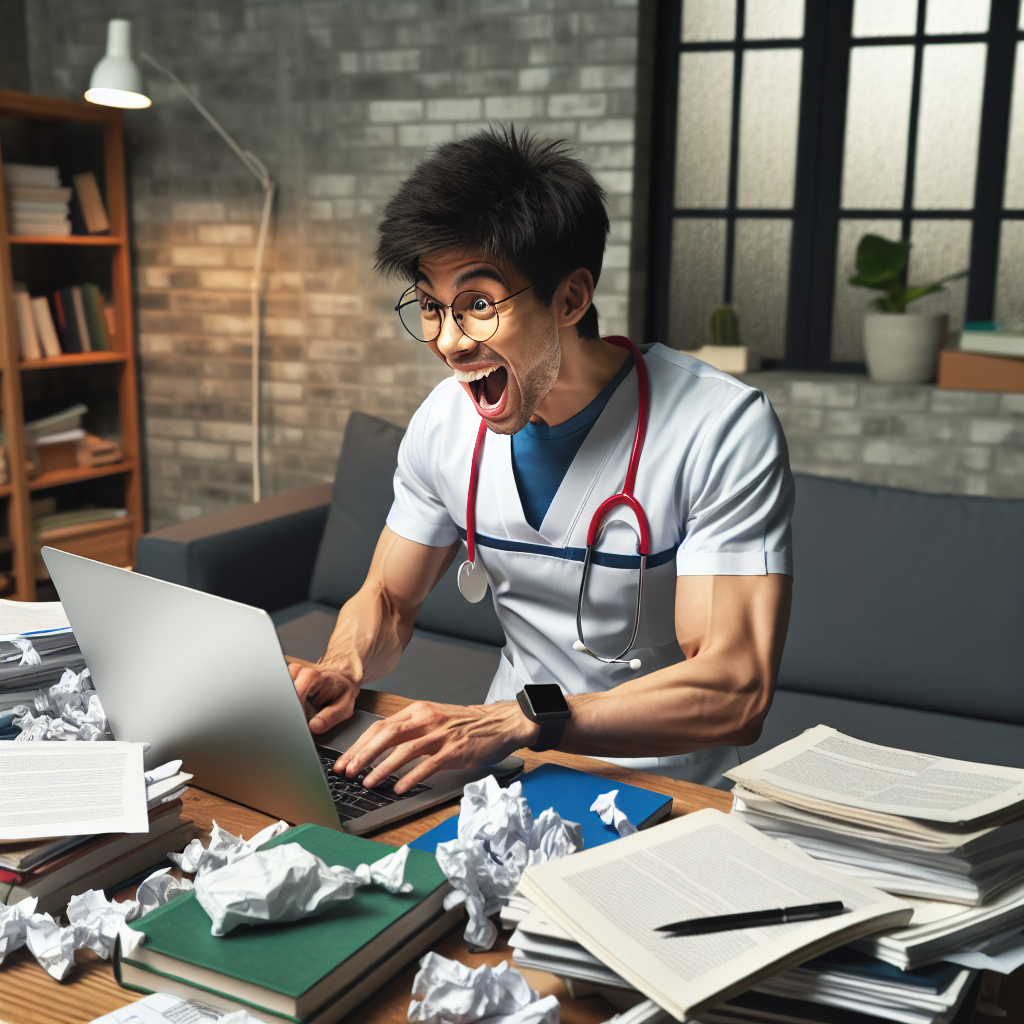 A nurse practitioner student excitedly typing an email on their laptop, with textbooks and notes scattered around