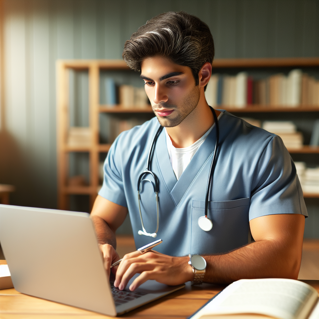 A nurse practitioner student writing an email on their laptop, looking focused and professional