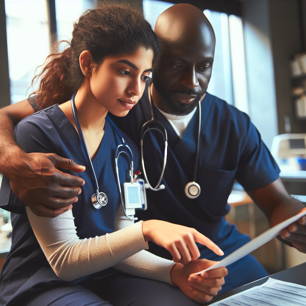 A nurse practitioner student engaging with a mentor in a clinical setting, showcasing collaboration and learning