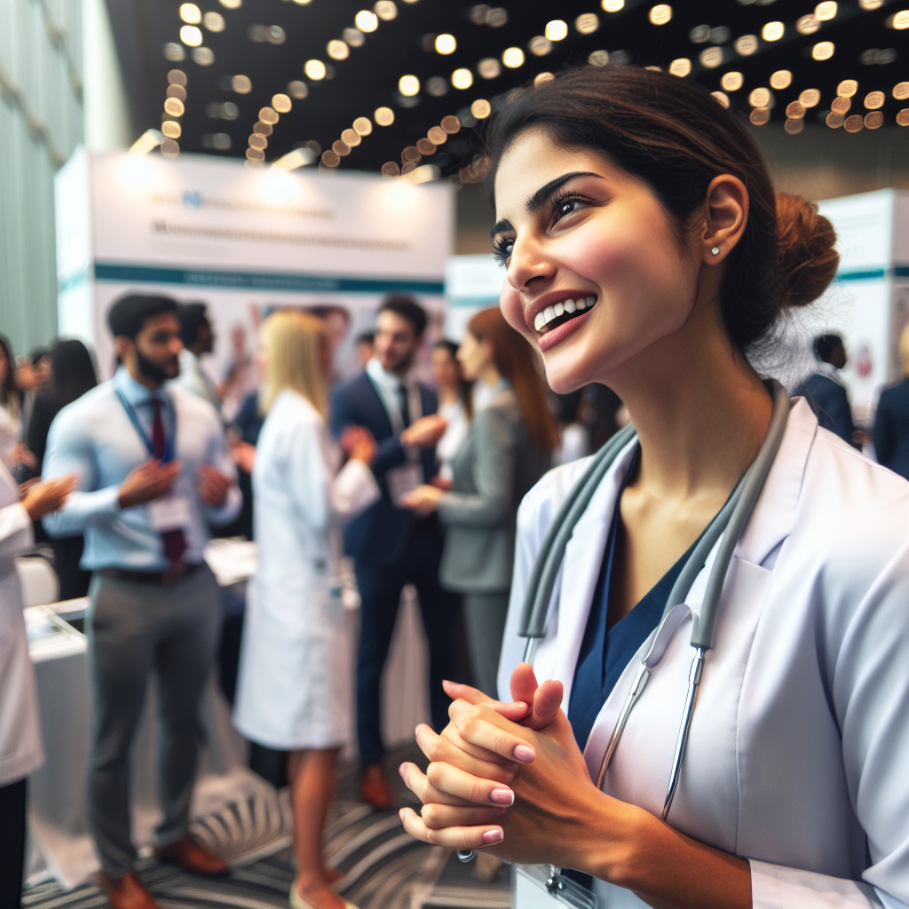 A nurse practitioner student enthusiastically networking at a healthcare event