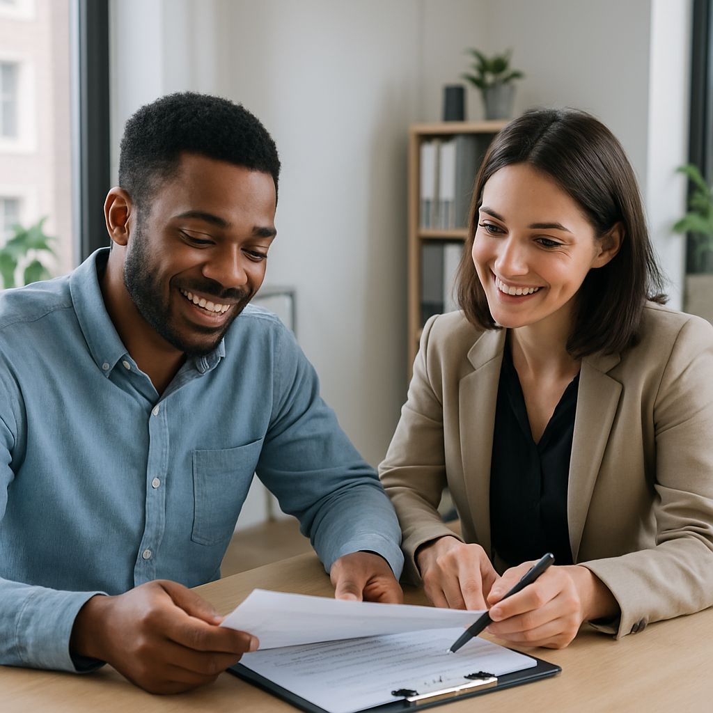 A friendly advisor assisting a job seeker with paperwork in an office setting