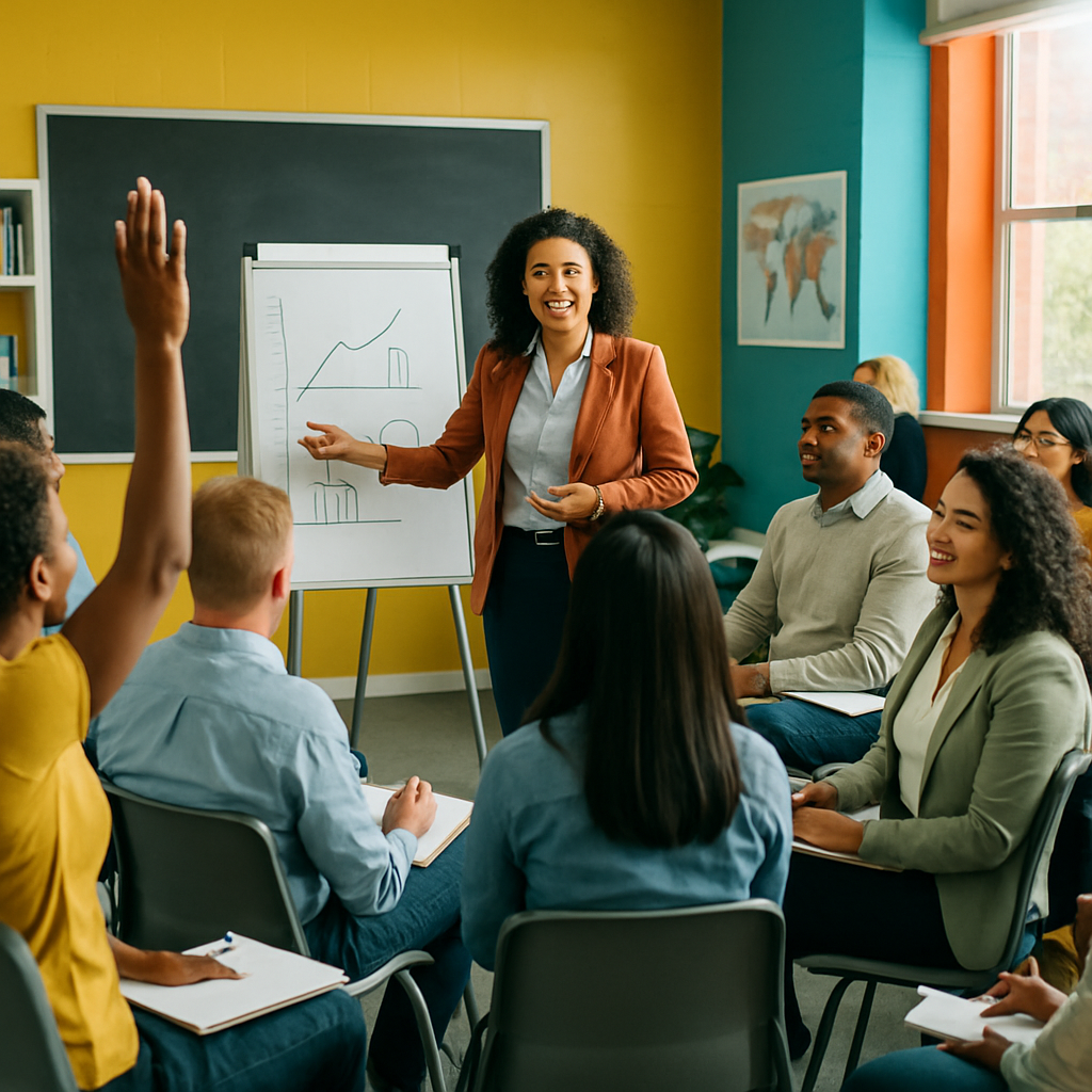 A vibrant classroom setting with diverse individuals engaged in a training session for professional development
