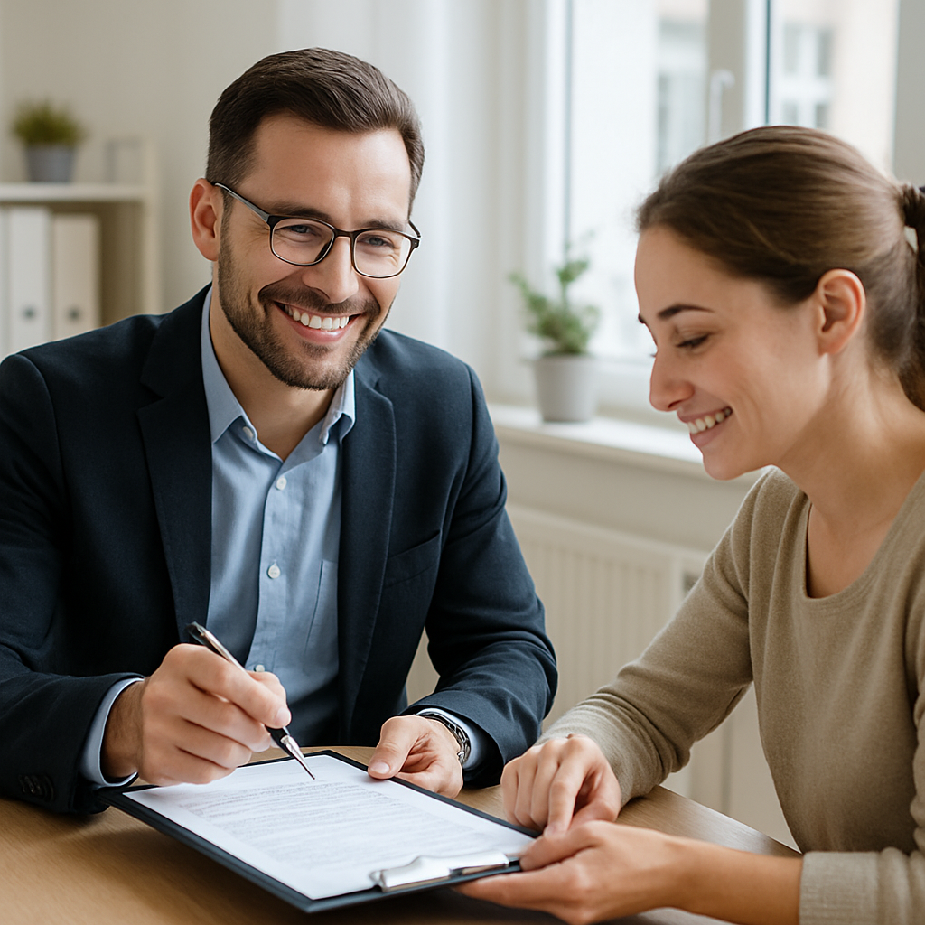 A friendly consultant helping a job seeker with paperwork for the AVGS voucher process in a bright office setting