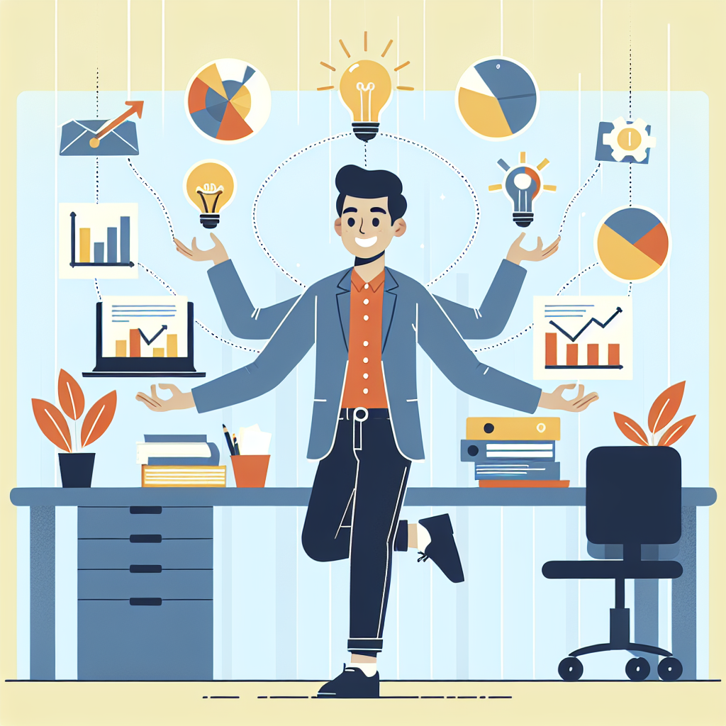 A vibrant and dynamic illustration of a young entrepreneur juggling multiple business elements like ideas, charts, and financial documents in a modern office setting