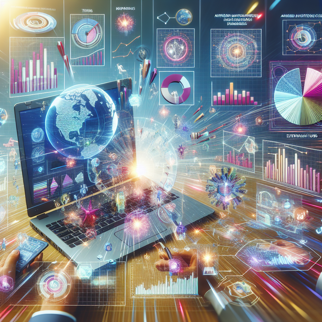 A vibrant market analysis scene with charts and graphs showing trends and customer demographics