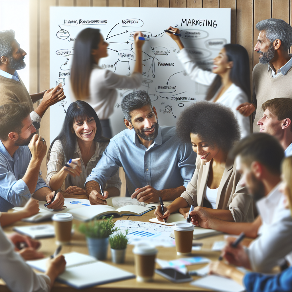 A vibrant marketing strategy brainstorming session with diverse people discussing and writing on a whiteboard