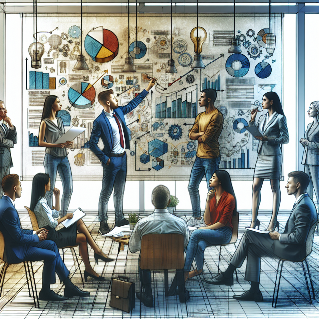 A group of diverse entrepreneurs brainstorming in a modern office space with a whiteboard filled with business ideas and plans