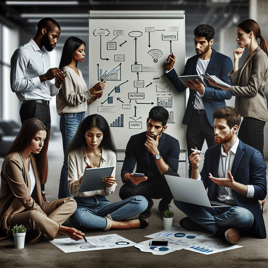 A diverse group of entrepreneurs brainstorming ideas in a modern office setting