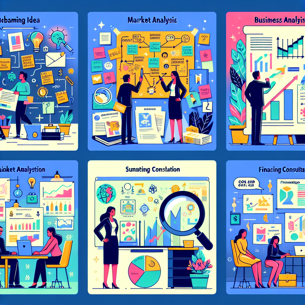A vibrant illustration of a business startup journey showing different phases like brainstorming ideas, market analysis, business plan creation and financing consultation.