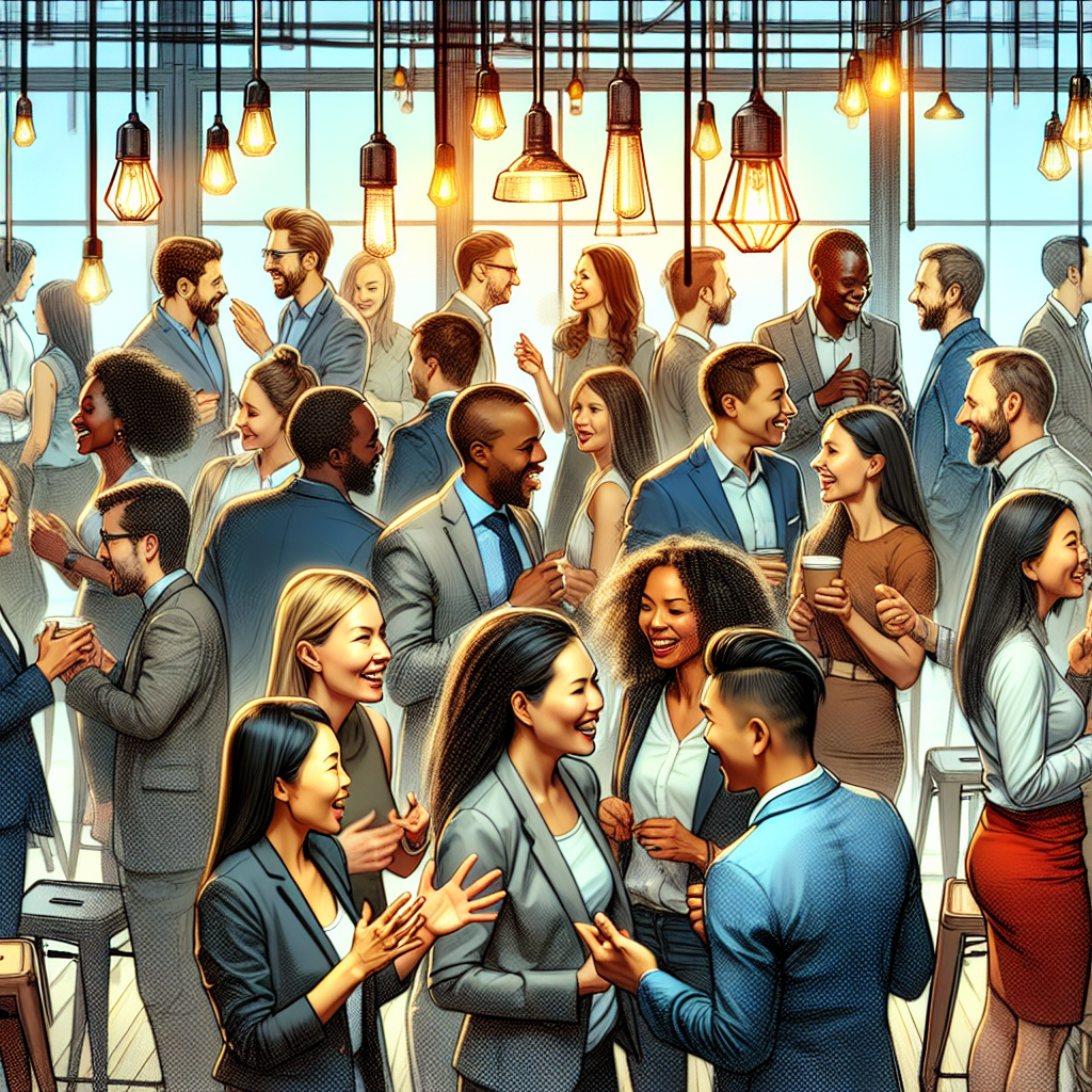 A vibrant startup networking event with diverse entrepreneurs exchanging ideas and building connections