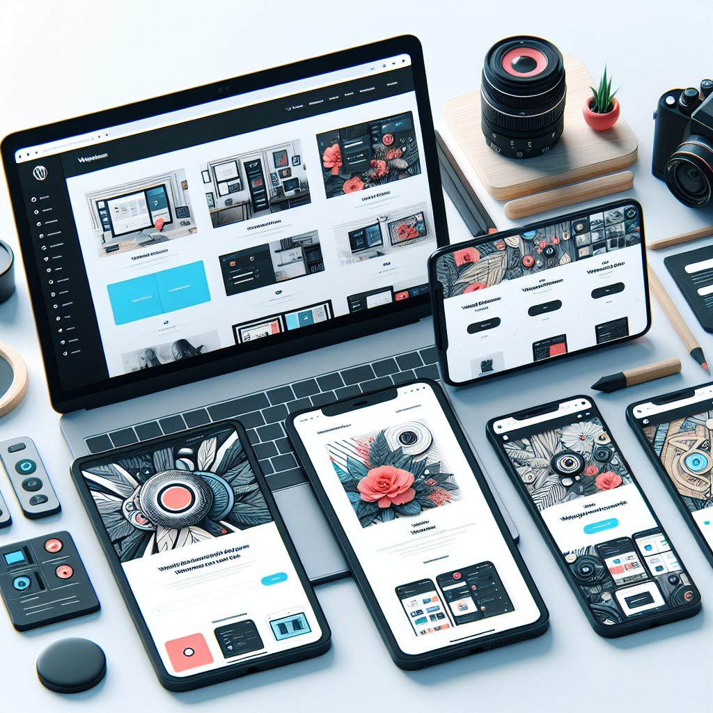 A stylish and modern WordPress theme showcase with various designs displayed on different devices like a laptop and smartphone