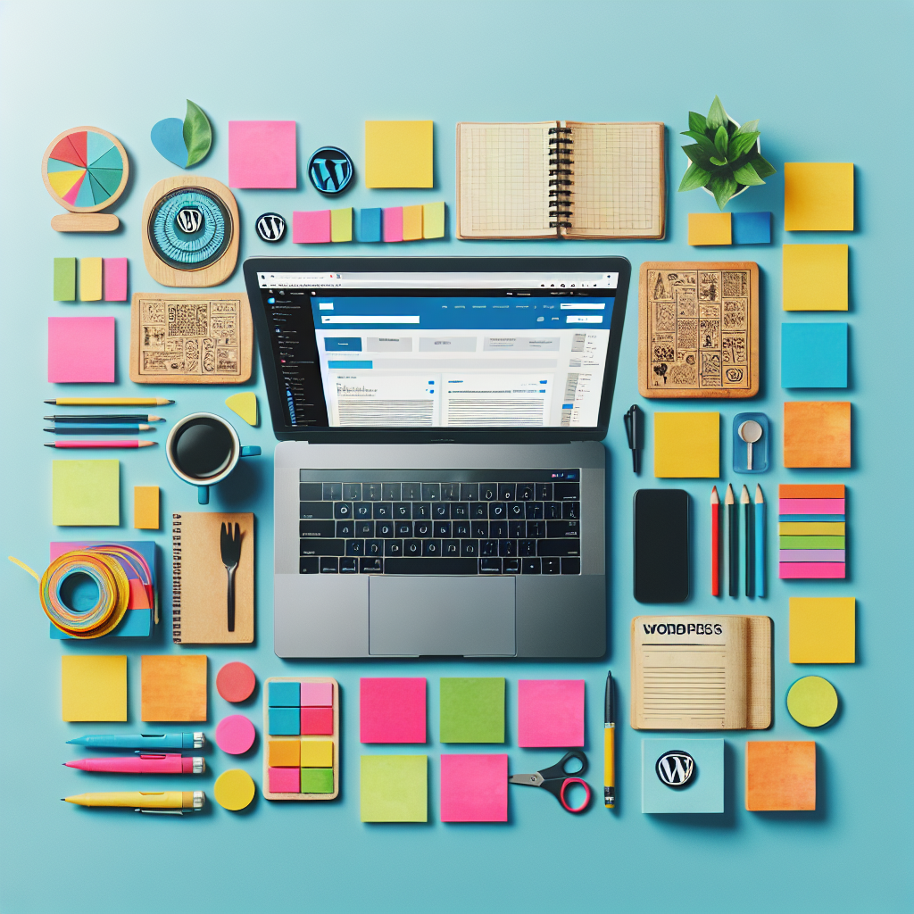 A vibrant workspace with a laptop displaying a WordPress dashboard and colorful sticky notes for content planning