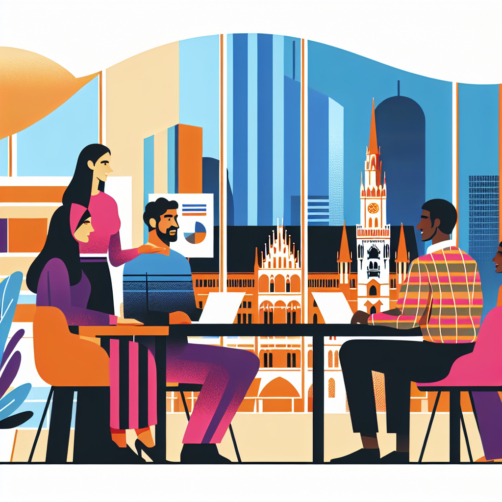 A vibrant illustration of a diverse group of people engaged in coaching sessions in a modern office setting in Munich