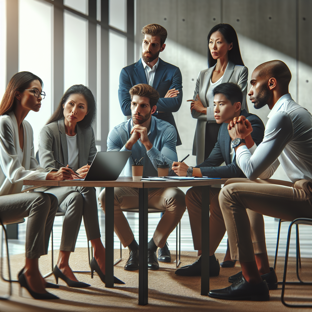 A group of diverse individuals participating in a coaching session focused on entrepreneurship and career development in a modern office setting