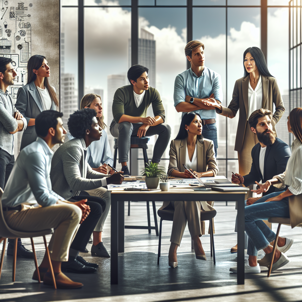 A diverse group of entrepreneurs engaged in a coaching session with a mentor in a modern office space