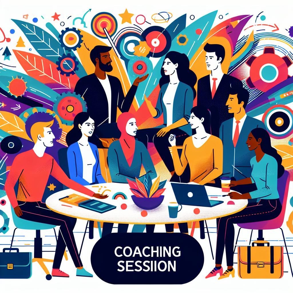 A vibrant illustration of a startup coaching session with a diverse group of entrepreneurs discussing ideas around a table.