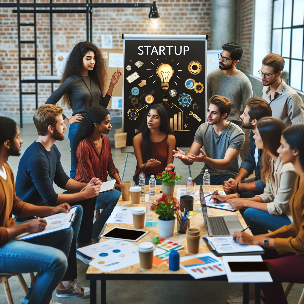 A vibrant and engaging startup workshop scene with diverse entrepreneurs collaborating and discussing ideas
