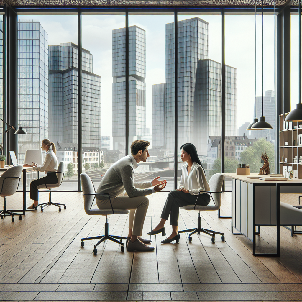 A professional coaching session taking place in a modern office in Cologne