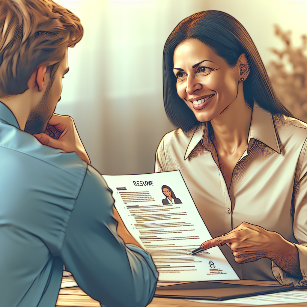 A friendly and professional job coach guiding a job seeker through a resume review