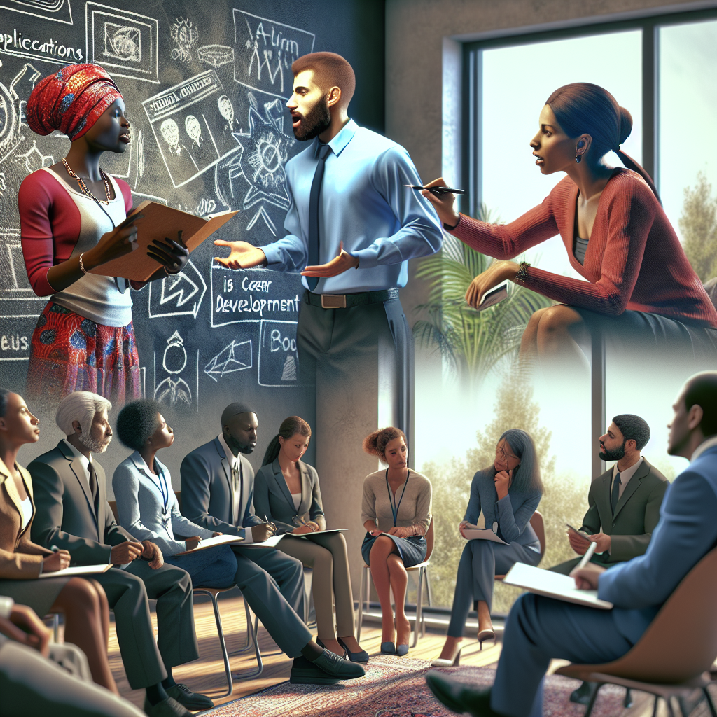 A dynamic coaching session with a diverse group of people engaged in a workshop on job applications and career development