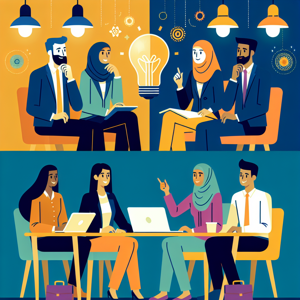 A vibrant and engaging illustration of a business startup scene with diverse entrepreneurs discussing ideas and strategies