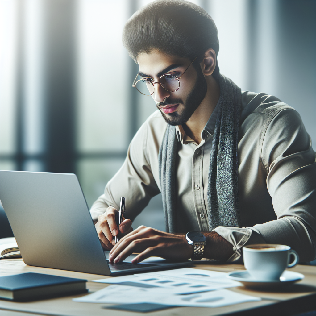A young entrepreneur working on a business plan with a laptop and coffee cup on a table