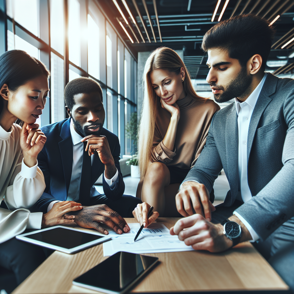 A diverse group of entrepreneurs collaborating on a business plan in a modern office setting
