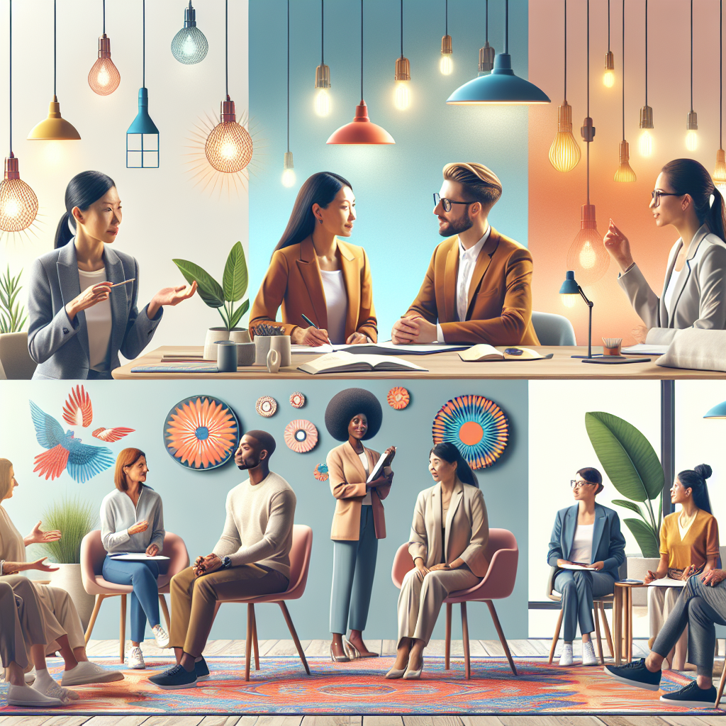 A diverse group of people engaging in various types of coaching sessions like business coaching, wellness coaching and personal development. The setting is bright and inviting with motivational elements.