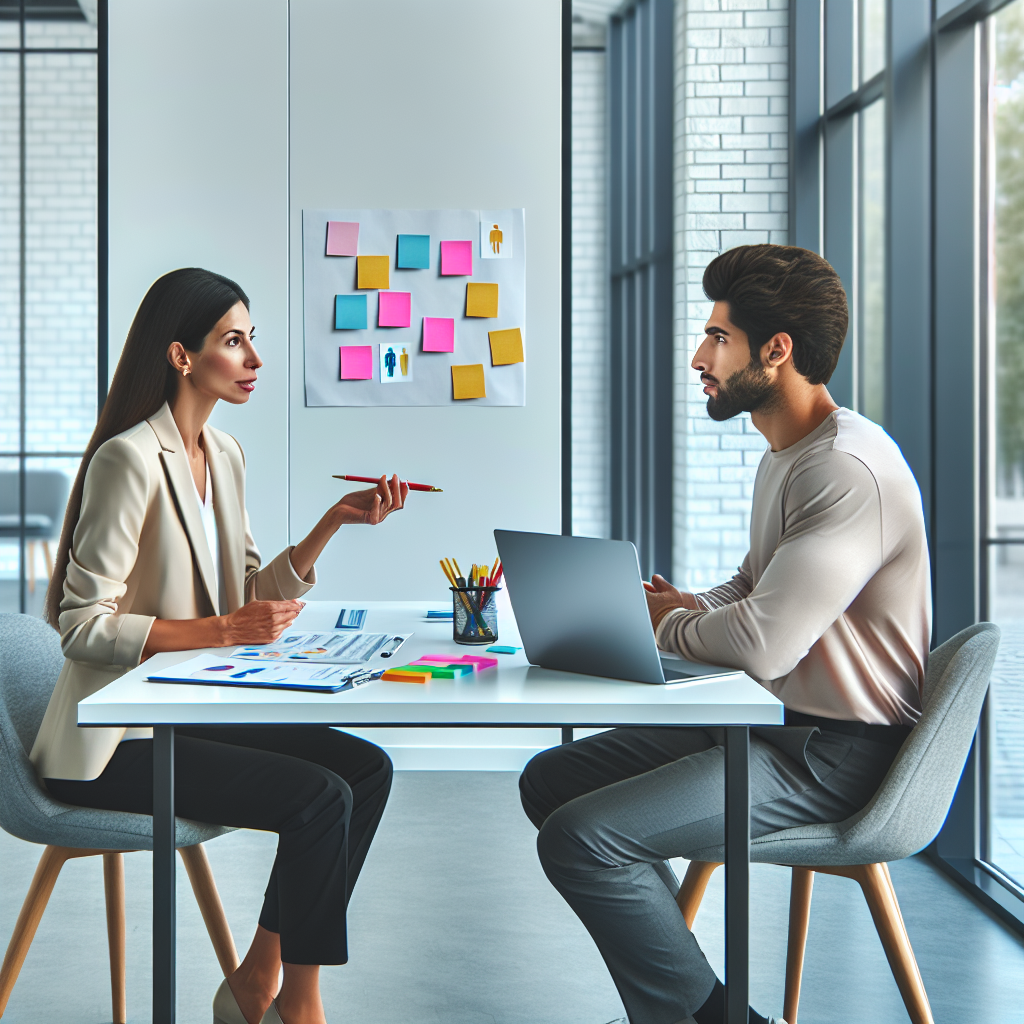 A professional job coach helping a client with career planning in a modern office setting