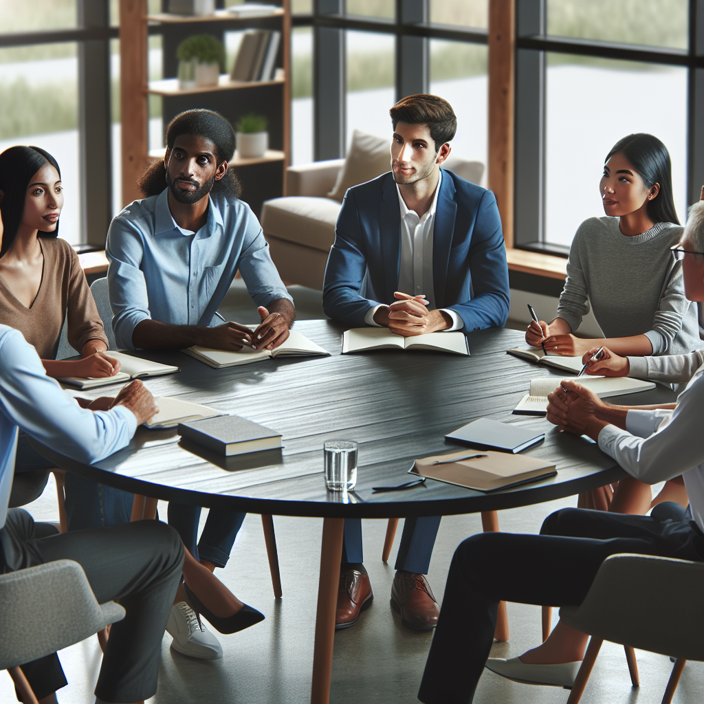A professional career coaching session with a diverse group of people discussing their career paths
