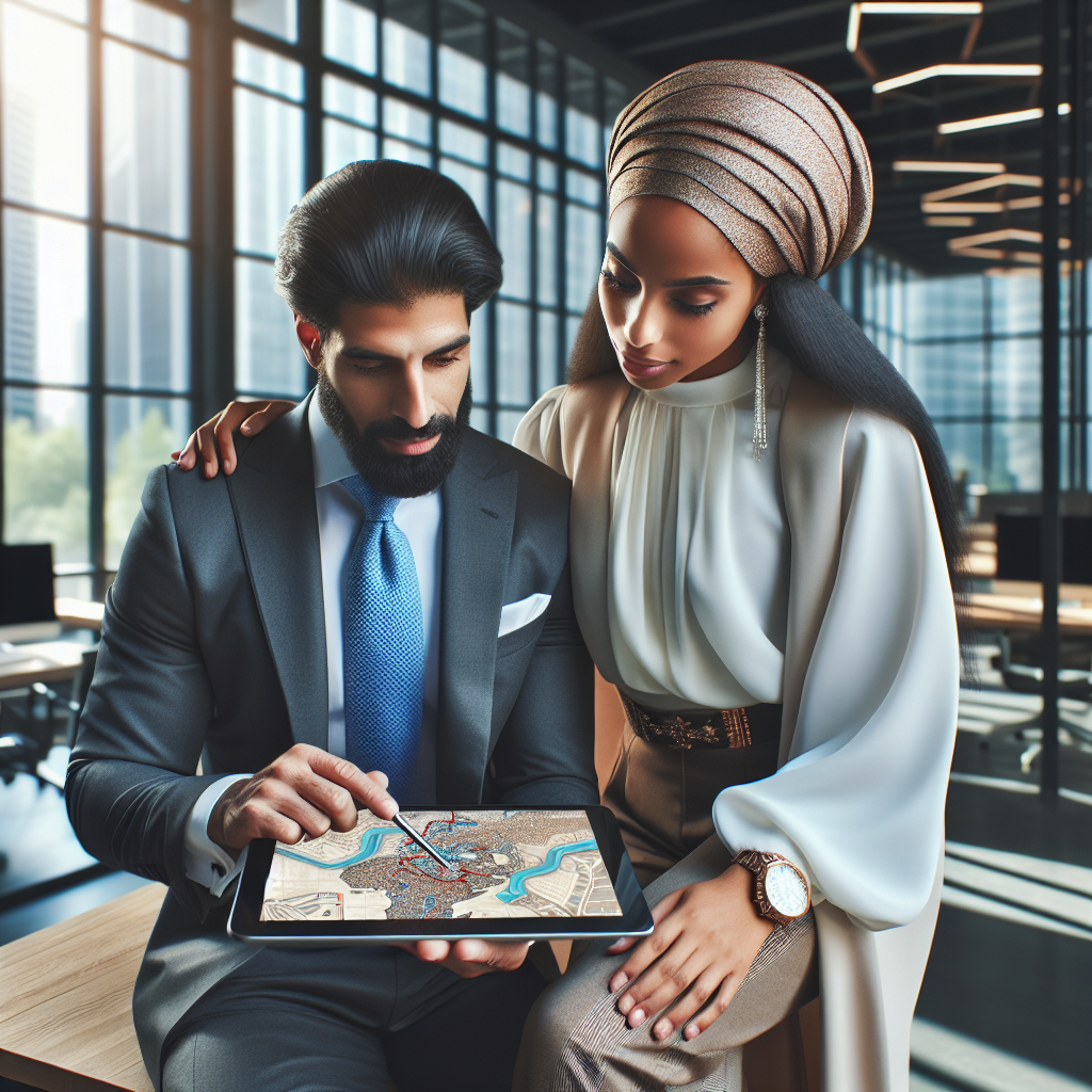 A professional career coach guiding a young professional through a career map in a modern office setting
