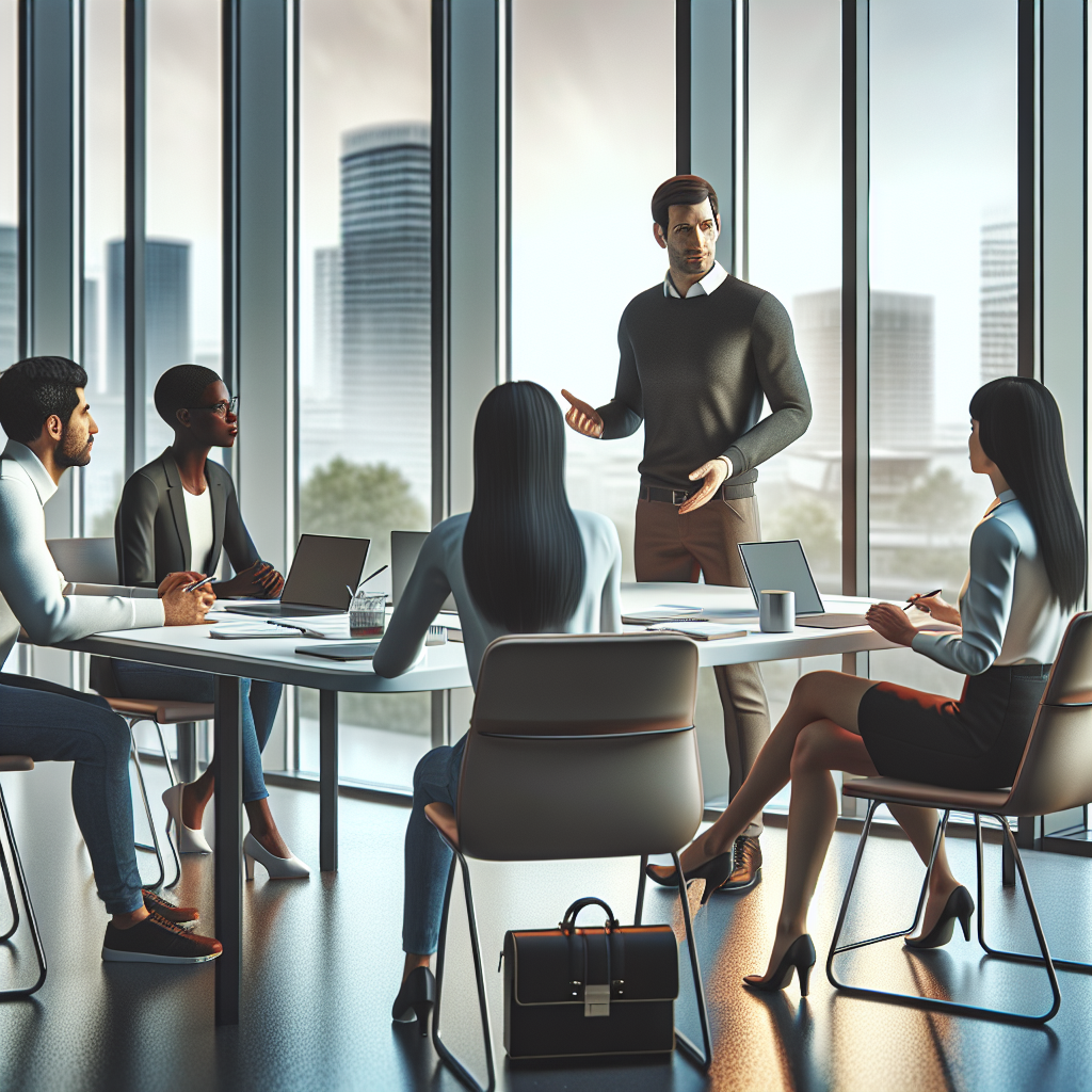 A professional coaching session taking place in a modern office setting in Karlsruhe, Germany. The scene includes a coach engaging with a small group of diverse individuals around a table with laptops and notepads.