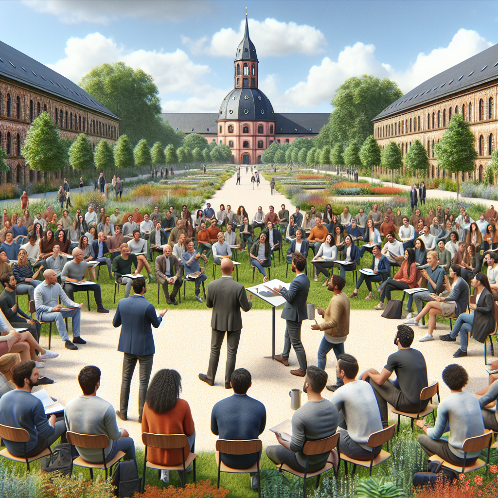 A diverse group of people engaging in a coaching session outdoors in Karlsruhe