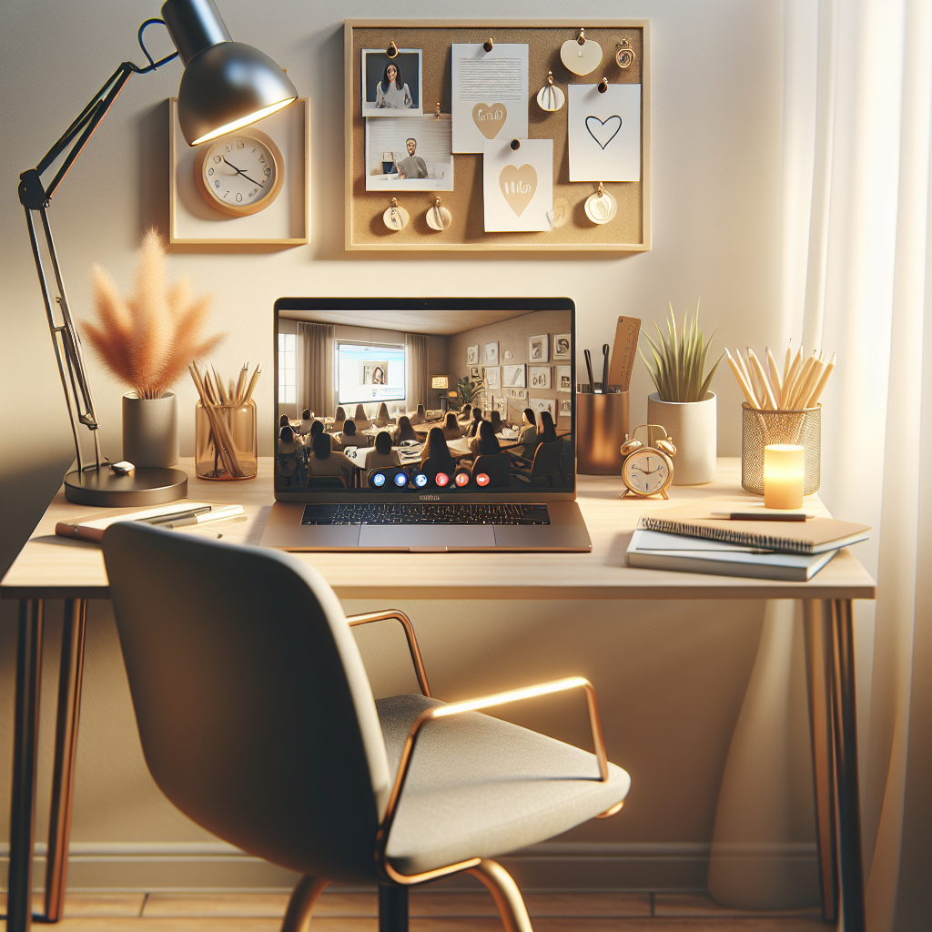 A cozy home office setup with a laptop open to a video coaching session