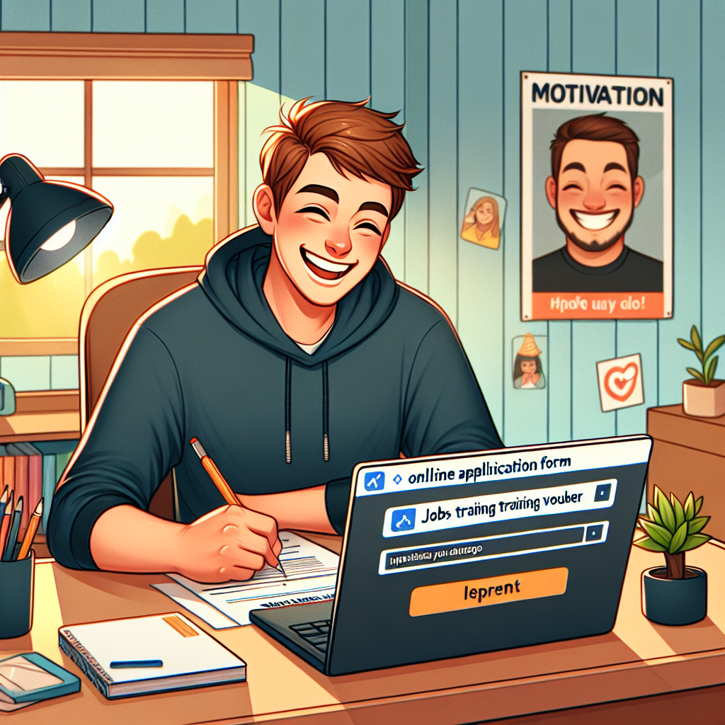 A person happily filling out an online application form for a job training voucher at a cozy desk with motivational posters