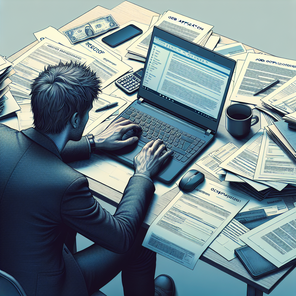 A person sitting at a desk with a laptop and paperwork related to job applications and AVGS vouchers