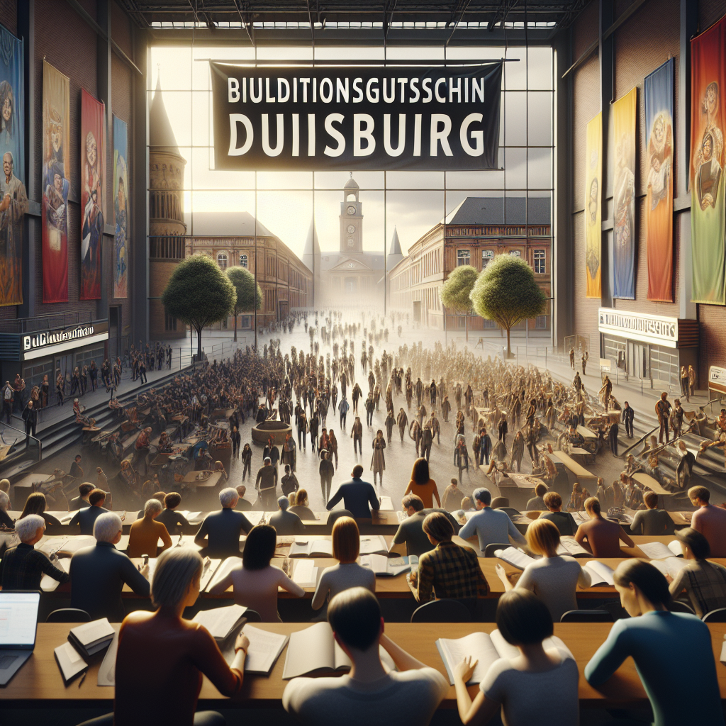 A vibrant educational setting in Duisburg with people engaged in various training activities and a banner saying 'Bildungsgutschein Duisburg'