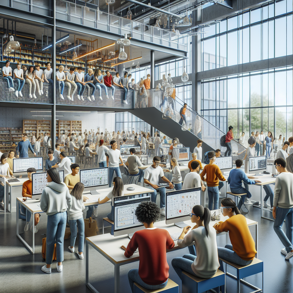 A modern educational center in Duisburg with students engaging in various training programs