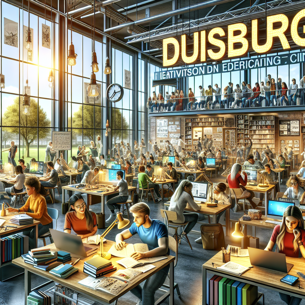A vibrant educational center in Duisburg with students engaged in various training activities