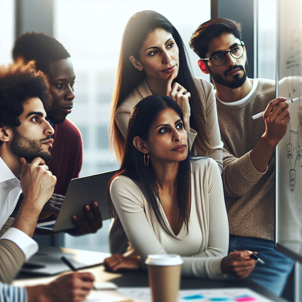 A group of successful entrepreneurs brainstorming ideas in a modern office setting