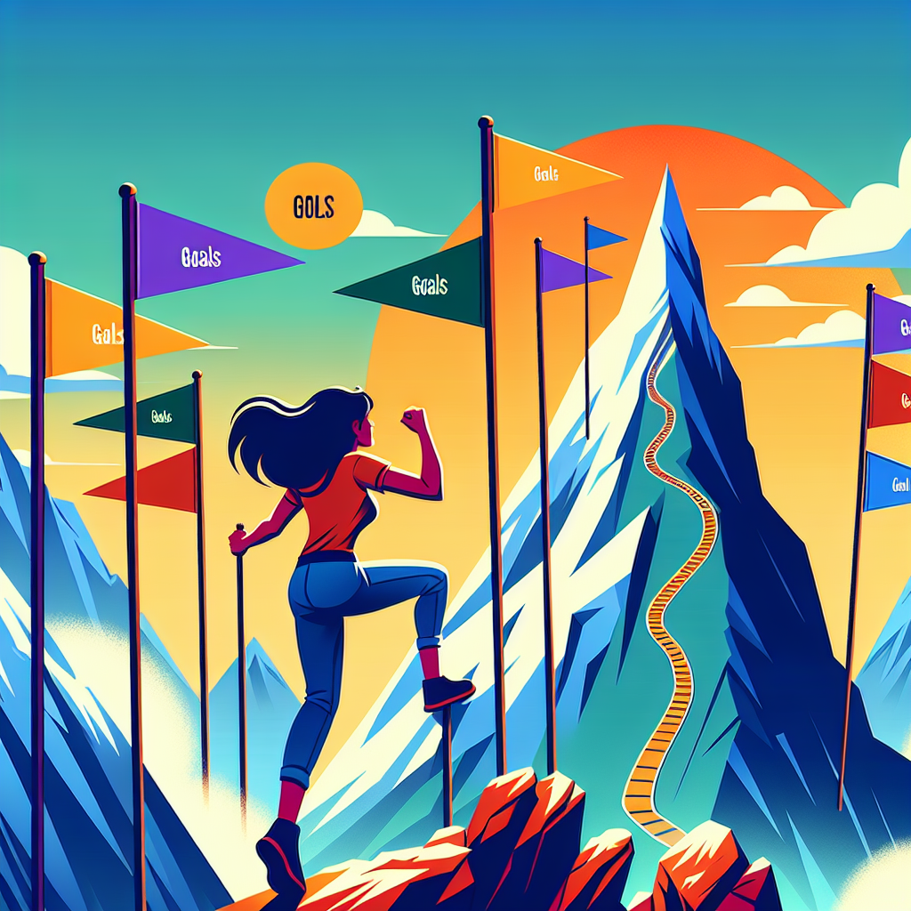 A vibrant and colorful illustration of a person climbing a mountain with flags representing goals at different heights.