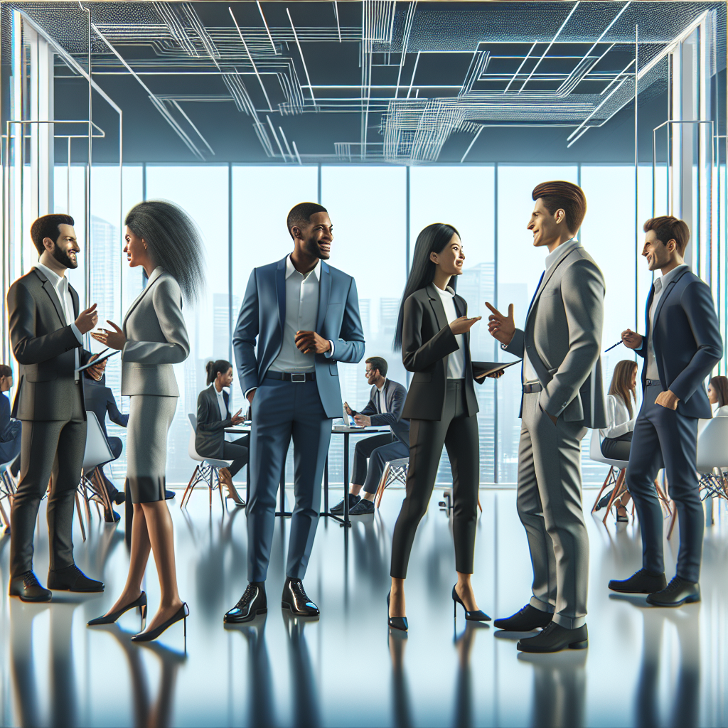 A diverse group of professionals networking at a modern business conference