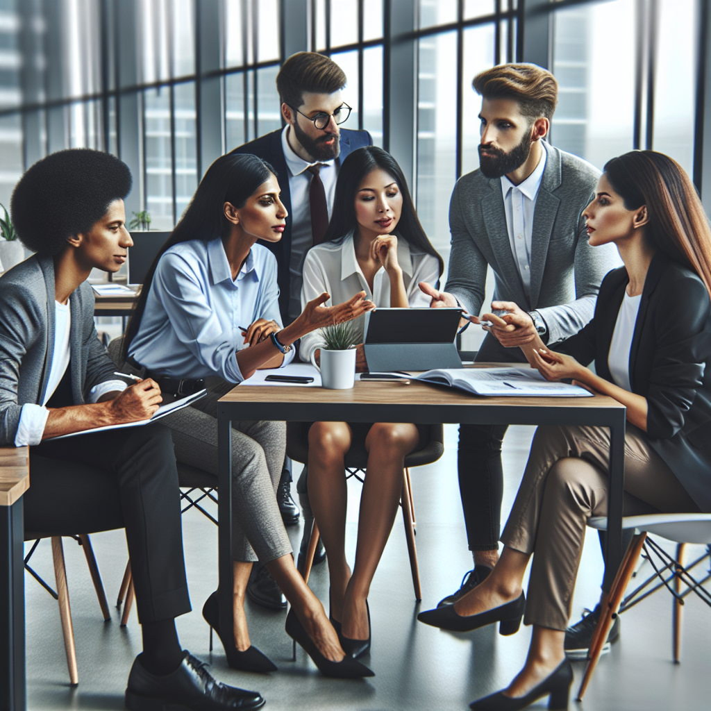 A diverse group of entrepreneurs discussing business plans and strategies in a modern office setting