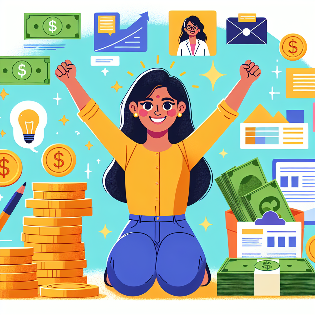 A vibrant illustration of a young entrepreneur celebrating their successful business launch with financial support elements like money and documents around them