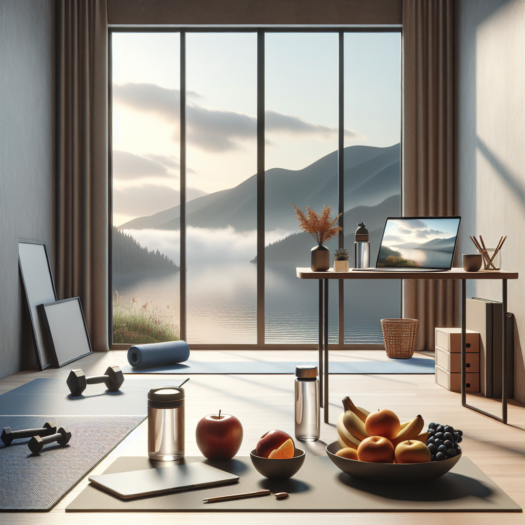 A serene workspace with a balanced lifestyle theme, featuring a laptop, healthy snacks, and fitness equipment